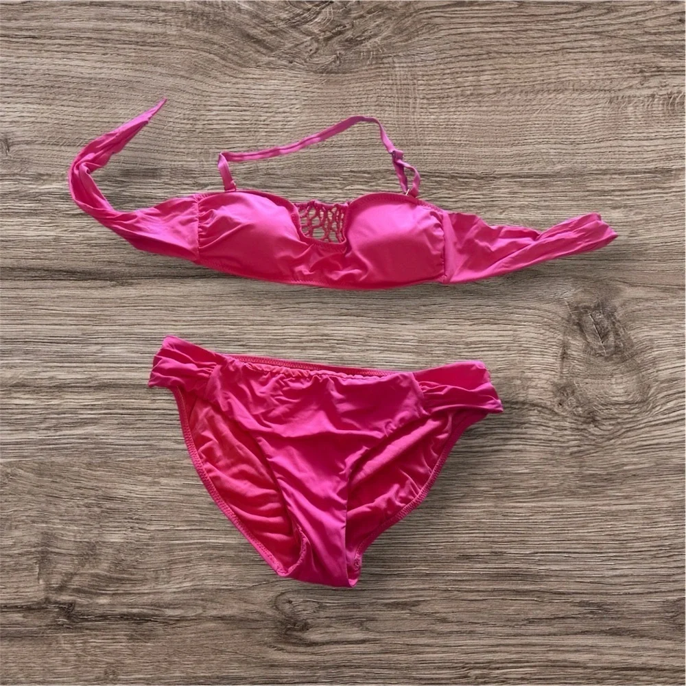 Bikini Set Leilani swimsuit set strapless Tie top bikini button Hot pink 10